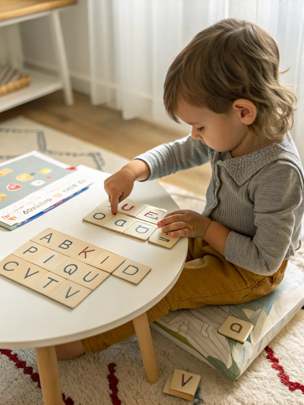Child engaging with sandpaper letters in a bright classroom