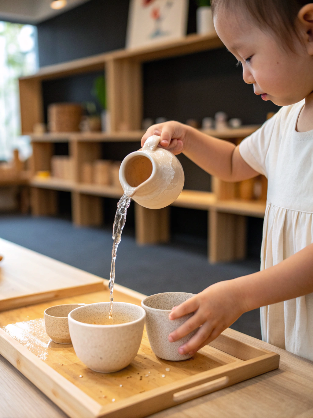 Child carefully pouring water in a Montessori classroom