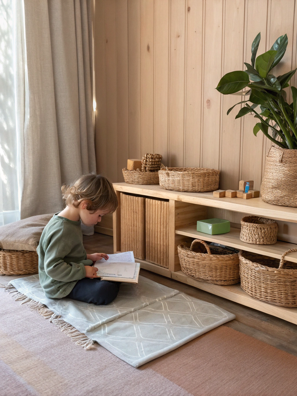 Montessori sensorial materials arranged on a wooden shelf